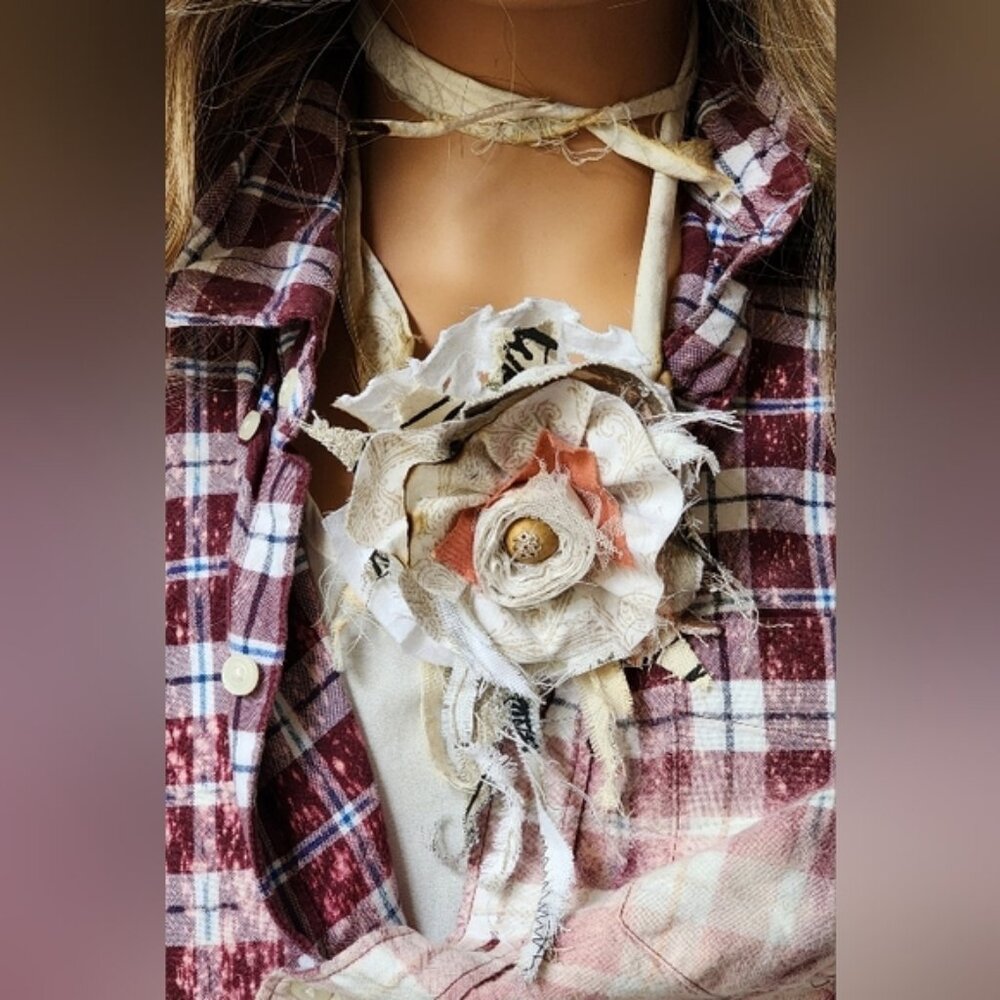 Boho Jabot Flower Choker Cotton Flower Cottage/Rose Tie Wrinkled Hand Stitched